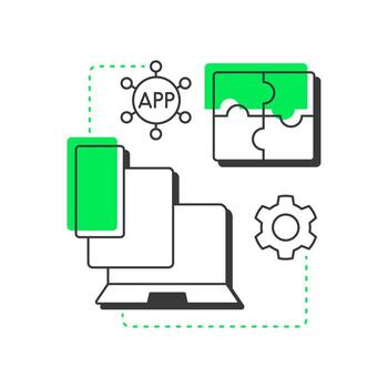Compatibility testing modern linear concept icon. Software development, crossplatform. Cloud technology. Flat outline elements connected with dotted lines. Creative visual. Easy to edit vector