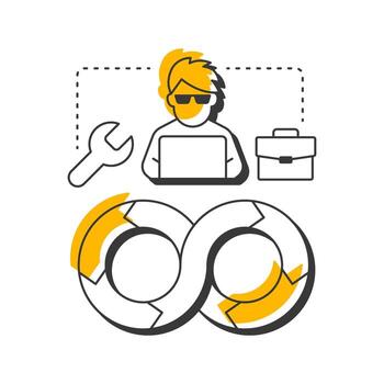 devops modelo moderno lineal concepto icono. software desarrollador, codificación. eso operaciones. pirata informático, desarrollo. plano contorno elementos conectado con punteado líneas. creativo visual. fácil a editar vector