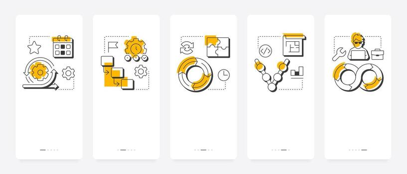 Software development life cycle models mobile app onboarding screens. Workflow organization, task management. Flat UI UX design, orange highlight with outline icons conceptual vector