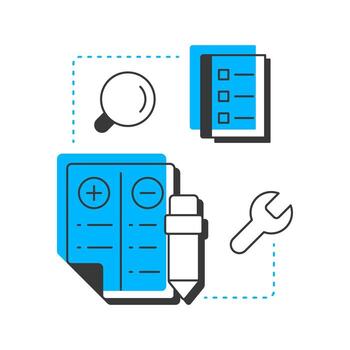 prueba caso desarrollo moderno lineal concepto icono. equilibrar hoja. codificación, programación. calidad garantía. plano contorno elementos conectado con punteado líneas. creativo visual. fácil a editar vector