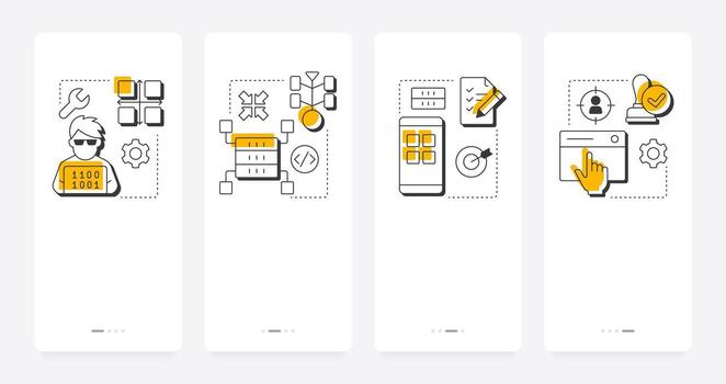 Software testing levels mobile app onboarding screens. Programming process. System integration, technology. Flat UI UX design, orange highlight with outline icons conceptual vector