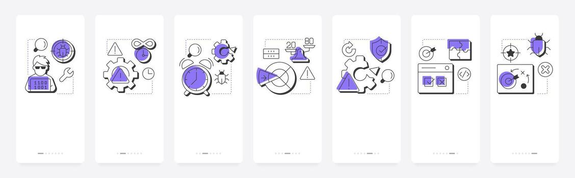 Software testing principles mobile app onboarding screens. Bugs detecting, tracking. Data management. Flat UI UX design, purple highlight with outline icons conceptual vector