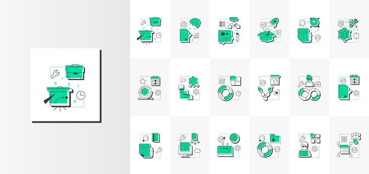 Software development and testing modern linear concept icons bundle. Test planning, user experience. Flat outline elements connected with dotted lines. Creative mega set. Easy to edit vector