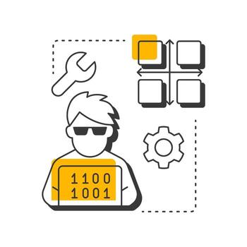 Unit testing modern linear concept icon. Software developer, hacker. Task management, workflow structure. Flat outline elements connected with dotted lines. Creative visual. Easy to edit vector