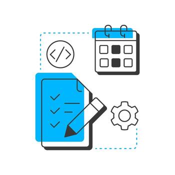 Test planning modern linear concept icon. Data management, servers. Task list, strategy. Programming, development. Flat outline elements connected with dotted lines. Creative visual. Easy to edit vector