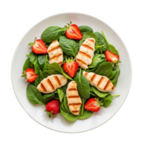 Grilled Chicken Salad with Fresh Strawberries and Spinach on a White Plate Isolated Against Transparent Background png
