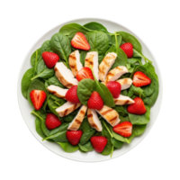 Overhead View Of A Freshly Prepared Salad With Grilled Chicken Strawberries And Spinach Leaves Arranged On A White Plate Isolated On A Transparent Background png