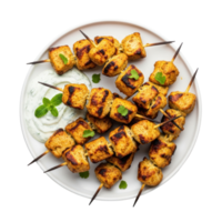 Grilled Chicken Skewers on White Plate with Creamy Sauce and Fresh Herbs against Transparent Background png