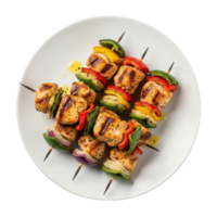 Grilled Chicken Skewers with Colorful Peppers and Onions on a White Plate with Transparent Background png