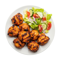 Grilled Chicken Pieces Served With Fresh Salad on White Plate Isolated on Transparent Background png