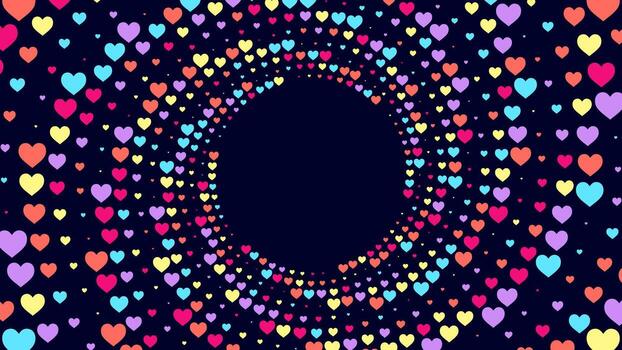 Vibrant abstract background featuring multicolored hearts arranged in a swirling circular pattern vector