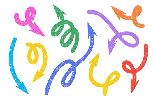 conjunto de flechas con un tiza textura, presentando dinámica bucles, chinos, y curvas. vector