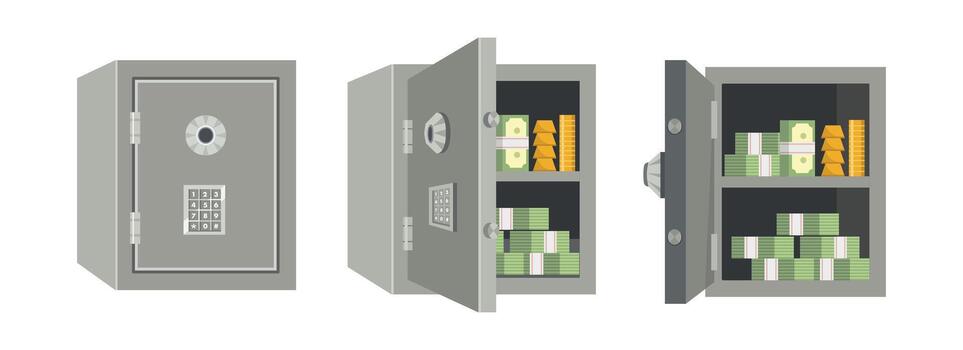 conjunto de seguro depositar caja. dinero caja recopilación. llave bloquear efectivo caja. digital dinero seguridad código. salvar depositar caja en diferente posición. vector