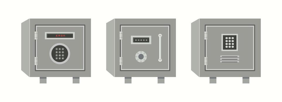Modern save deposit box. Banknote security code box. Different cash box. vector