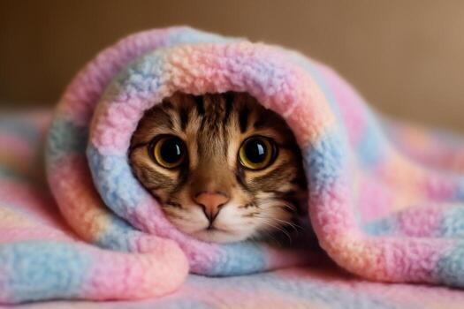 image of a cute Savannah cat peeking out from a cozy pastel blanket with soft lighting and a fuzzy texture. The playful cat eyes are wide and adorable, creating a warm photo