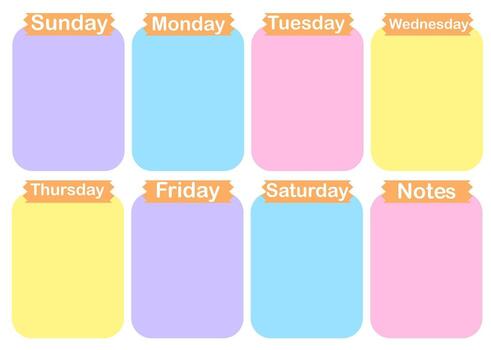 Blank weekly plannner.Set of colorful stickers and labels..Calendar template.Schedule for planning for the week.Template or banner. vector