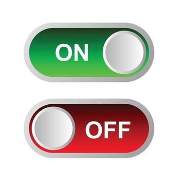 toggle switch buttons in green ON and red OFF positions, modern UI design element for website or app interface vector