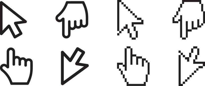 Mouse cursor icon set in pixel and styles. Arrow and hand pointer collection for ui design. vector