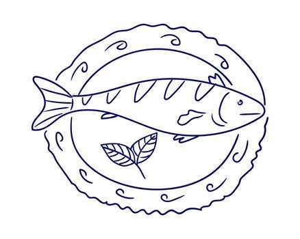 Simple outline illustration of a fish on a decorative plate with a leaf design in a minimalist style vector