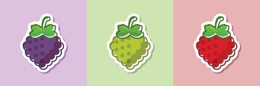 Three stickers of different fruits on different colored backgrounds vector