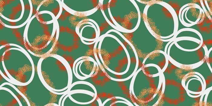 Seamless pattern with abstract white oval shapes on a green background, accented with textured red and orange dots. Dynamic and modern design, suitable for fabric, wrapping paper, and digital vector