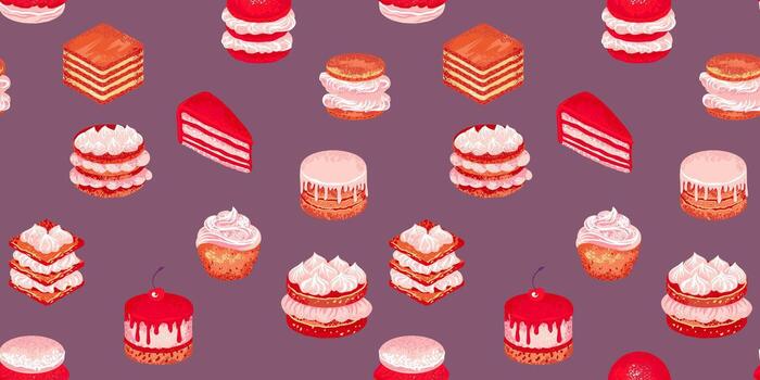 Seamless pattern with colorful cakes, cupcakes, macaroons, and layered desserts on brown background. Template for packaging, kids design, and bakery branding vector