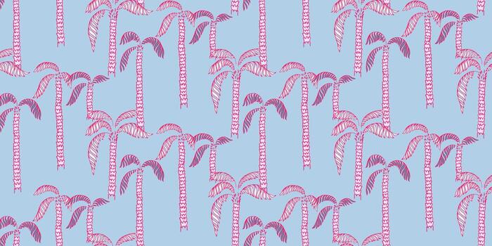 seamless pattern featuring repeating palm trees with textured trunks and pink fronds on a blue background. Perfect for tropical designs, textiles, wallpapers, and digital prints vector