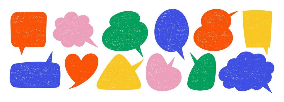 Set of text boxes with organic texture of crayon, chalk or pastel . Square, heart, cloud. Color illustration on a white background. vector