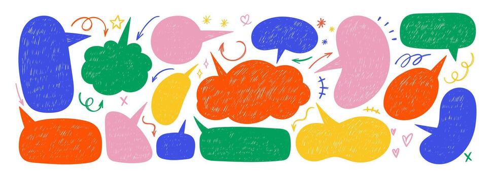 Set of speech bubbles with organic texture of crayon, chalk or pastel . Stamps with geometric shapes. Color illustration on a white background. vector