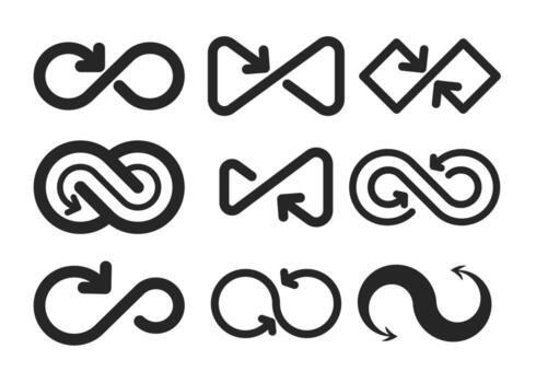 Set of infinity arrow icon collection, infinity symbol, symbolizing endless movement and direction. Perfect for logos, business concepts, navigation, and design elements. flat illustration. vector