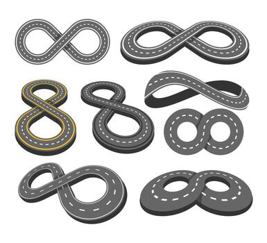 Set of infinity road collection with different views or angle, Curved road with white markings, empty road infinity icon in top view. Endless road template that sign from the eight. The carriageway. vector