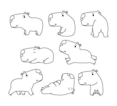 Set of capybara doodle collection, capybara outline coloring page book animals for kindergarten, line art set of animals wildlife, Hand drawn, Minimal capybara line art doodle in different pose vector