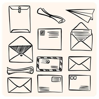 Hand-drawn envelopes and letters set. A collection of doodle icons for mail, communication, and correspondence. vector