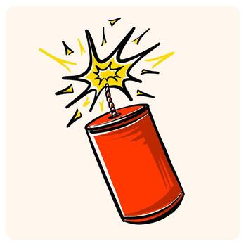 A brightly colored hand-drawn firecracker. A cartoon doodle of a dynamite stick with a lit fuse. vector
