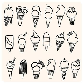 A comprehensive set of hand-drawn ice cream doodles. A collection of various popsicles, cones, and scoops in a playful style vector