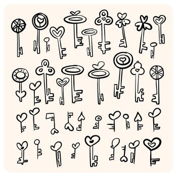 A detailed set of hand-drawn key doodles. A large collection of various keys with unique designs, including hearts and clovers vector