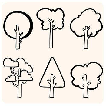 dibujado a mano sencillo árbol garabatos un conjunto de diferente estilo de dibujos animados arboles con único formas, Perfecto para naturaleza y ambiente temas vector