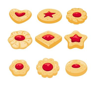 Set of jam cookies collection, Cartoon cherry thumbprint cookies. Heart jam cookies with drop of jam and various shapes like heart, flower, square, star. Isolated on white background illustration. vector