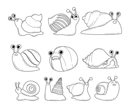 Set of snail doodle outline collection, snail-shaped character with shell and cartoon snailfish or snail-like mollusk kids illustration, cute snail set collection isolated on white background vector