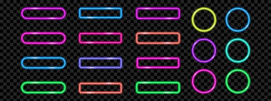 Neon glow button set with various shapes and colors. vector