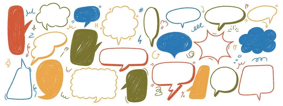 Set of crayon speech balloons in hand drawn doodle style. Cartoon comic text bubbles with rough chalk outline. dialog frames. vector