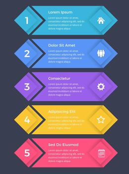 negocio infografía diseño modelo con cinco vertical opciones o pasos, proceso, flujo de trabajo plantilla, oscuro antecedentes vector