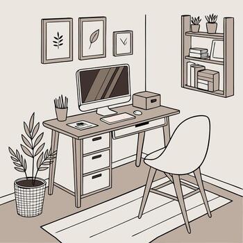 Art of minimalist workspace with desk and computer setup vector