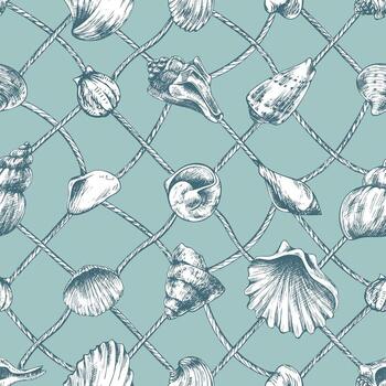 Marine themed seamless pattern with shells over fishing net grid in turquoise tones, hand drawn line art illustration in black ink, ideal for beach style wallpapers, fabrics and wrapping paper. vector