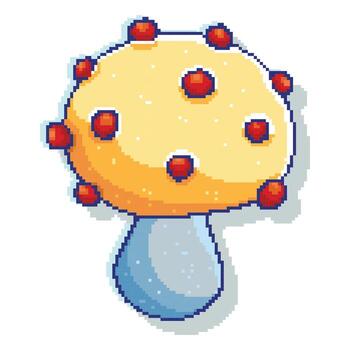 Yellow Cute Pixel Art Mushroom With Shading. Retro-style game mushroom icon, perfect for gaming assets, pixel art projects, 8-bit designs, and sticker collections. vector