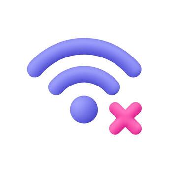 Purple Wi-Fi signal with pink with cross, reject or cancel symbol. No internet connection, network error and offline status concept. 3d icon. Cartoon minimal style. vector