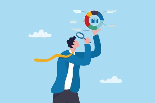 Data analysis, research on graph and chart data diagram, business insight marketing information, inspection survey report or statistics concept, businessman magnifying analyze pie chart diagram data. vector