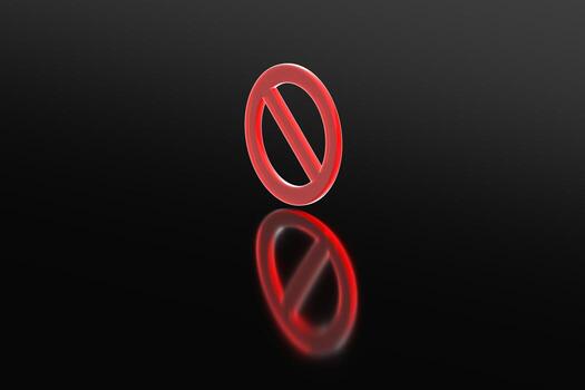 3D render of a red prohibition or no-entry symbol with a clear reflection on a glossy black surface, isolated on a dark gradient background, symbolizing restriction, ban, or forbidden access. photo