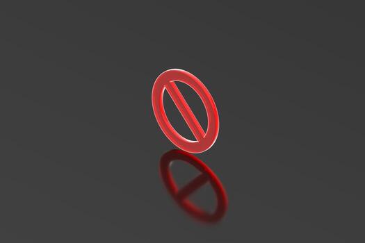 3D render of a red prohibition or no-entry symbol placed on a dark glossy surface with a soft reflection, representing restriction, ban, or forbidden access in a minimal modern style. photo