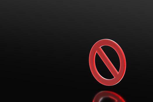 3D render of a red prohibition or no-entry symbol standing on a reflective black surface, isolated on a dark gradient background, representing restriction, warning, or forbidden concepts. photo